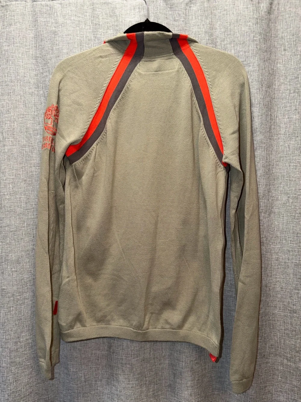 Timberland Tan Quarter-Zip Sweater with Red and Dark Gray Accents Medium